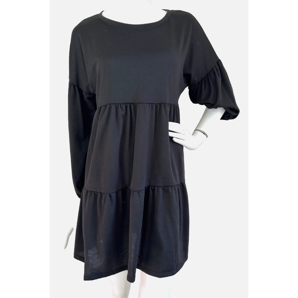 Kenedik Tiered Dress Size Large Black Knit Long Sleeve Short Soft Stretch NWT - Picture 7 of 8